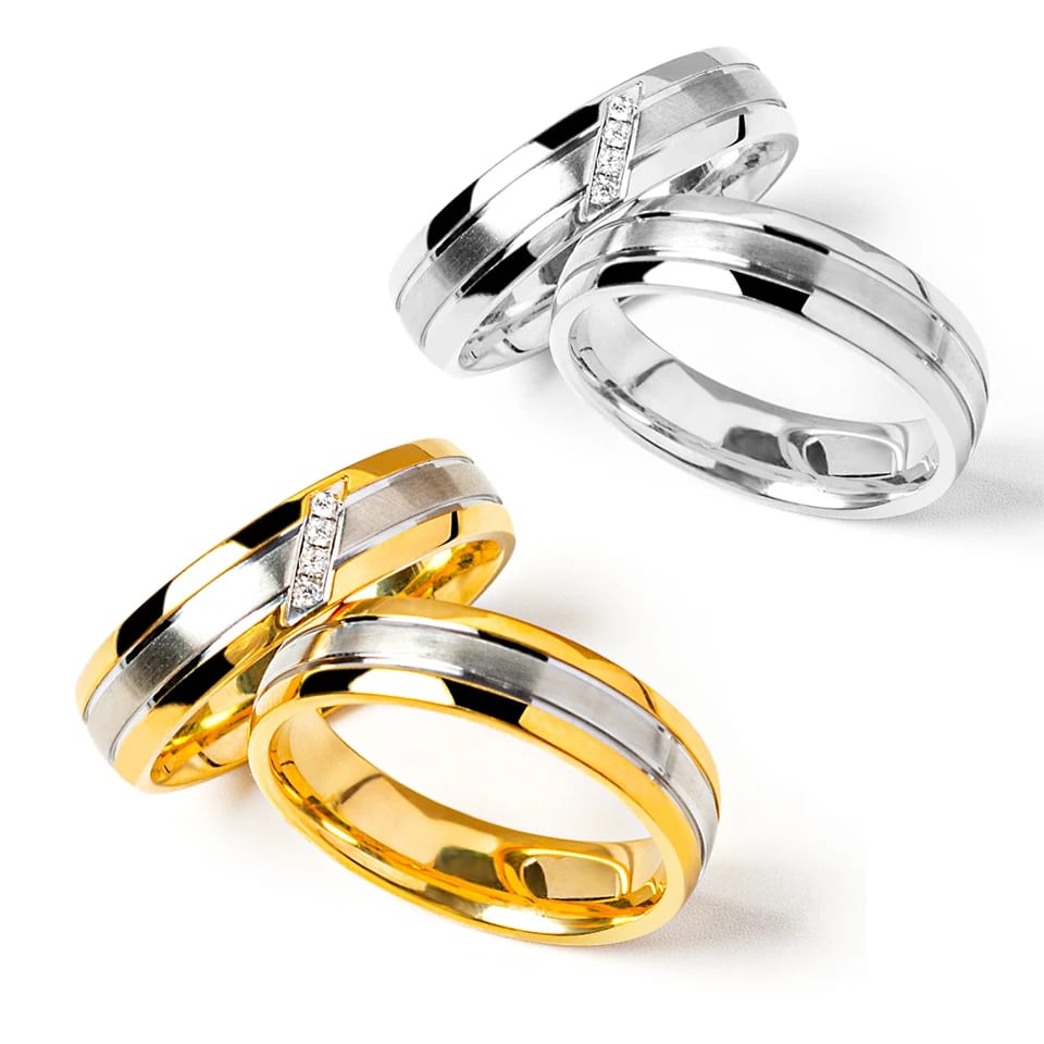 Hot Selling 18k Gold Plated Eternity Titanium Engagement Couple Ring Cubic Zirconia Stainless Steel Wedding Band Rings Set Ring