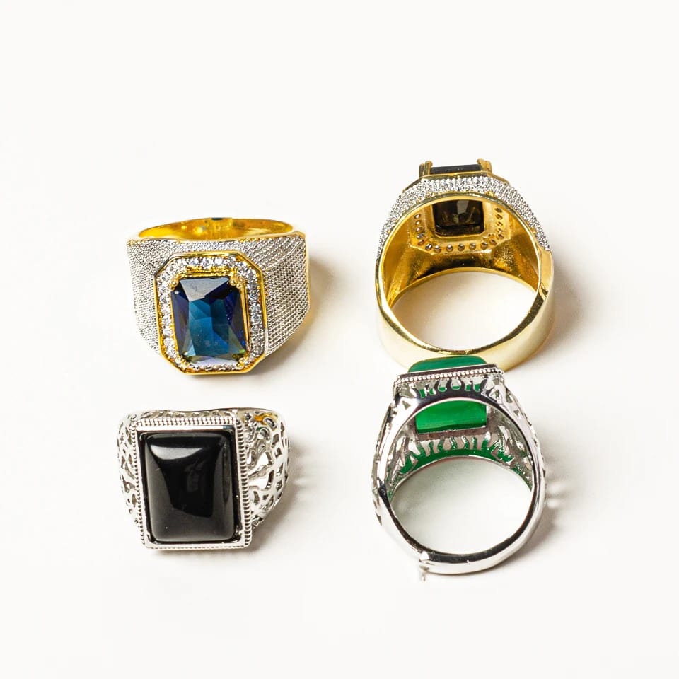 Wholesale Men’s Stainless Steel Gold Plated Zircon Rings Hollow Design Green And Black Agate Rings Ring