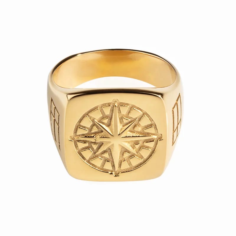 Wholesale Custom Fashion Men’s Jewelry 18k Gold Plated Stainless Steel Vintage Celestial Compass Signet Ring Ring