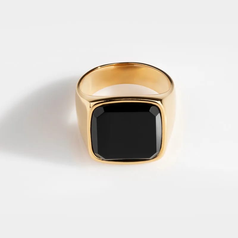 Factory Custom Mens Black Onyx Rings 18k Gold Plated Stainless Steel Jewelry Onyx Gemstone Men Ring Ring