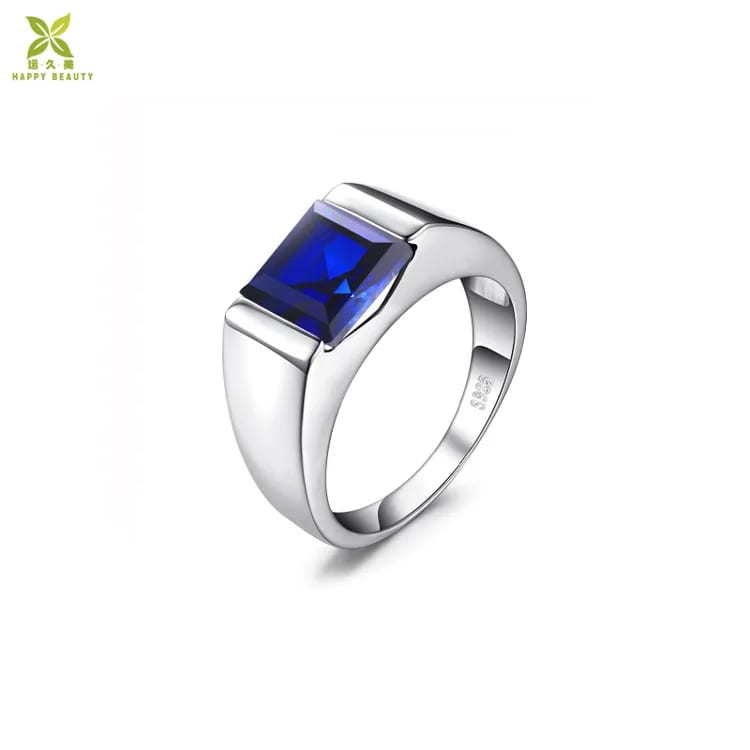 Mens Fashion Sterling Silver Cushion Cut Blue Sapphire Wedding Ring Ring