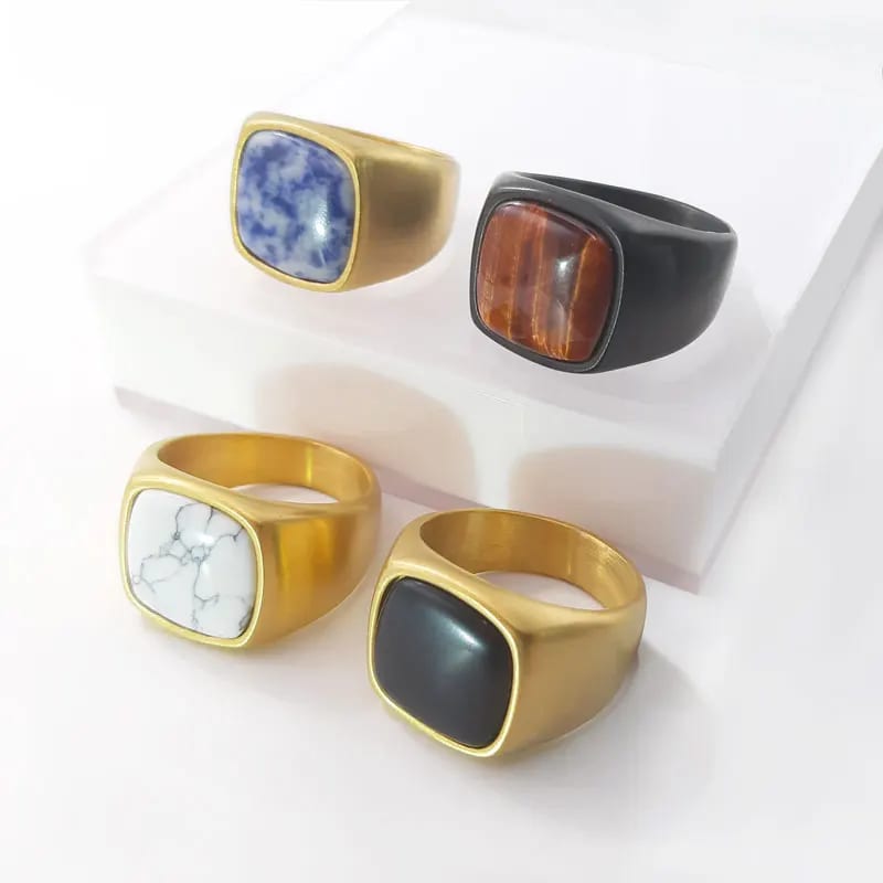High Quality 18k Gold Pvd Plated Stainless Steel Men’s Ring Black Agate Natural Gemstone Ring Chunky Statement Rings Jewelry Ring