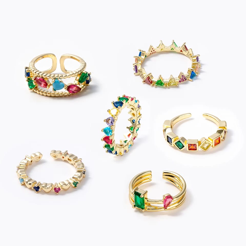 Trendy 18k Gold Plated Micro Pave Cz Open Rings Colorful Cubic Zircon Adjustable Rings For Women Girl Ring