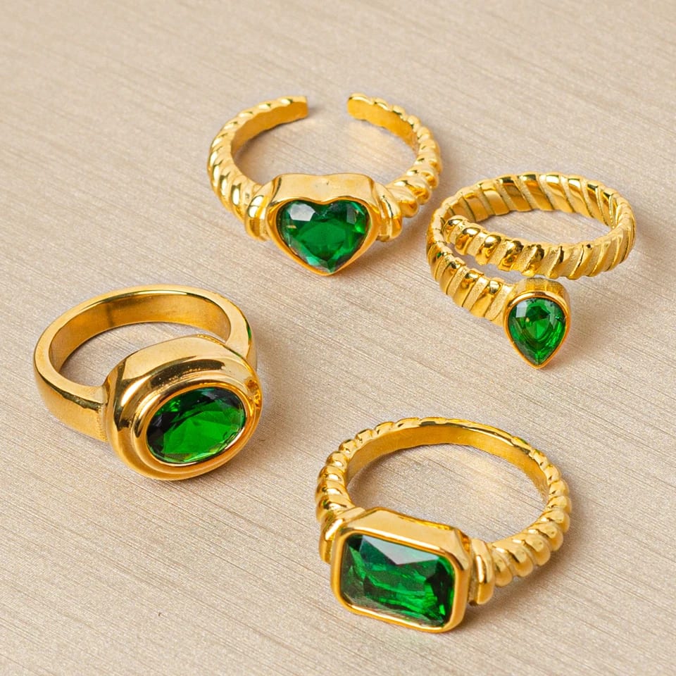 Wholesale High Quality Stainless Steel Gold Plated Emerald Zircon Women’s Rings Ring