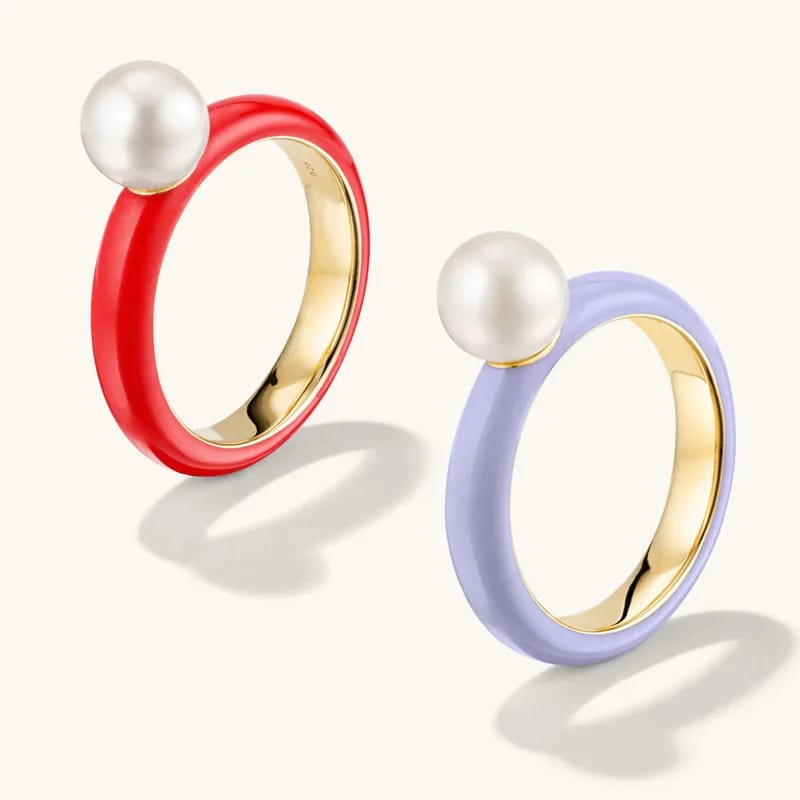 New Arrival 18k Gold Plated 925 Sterling Silver Black Lavender Red Enamel Fresh Water Pearl Ring Ring
