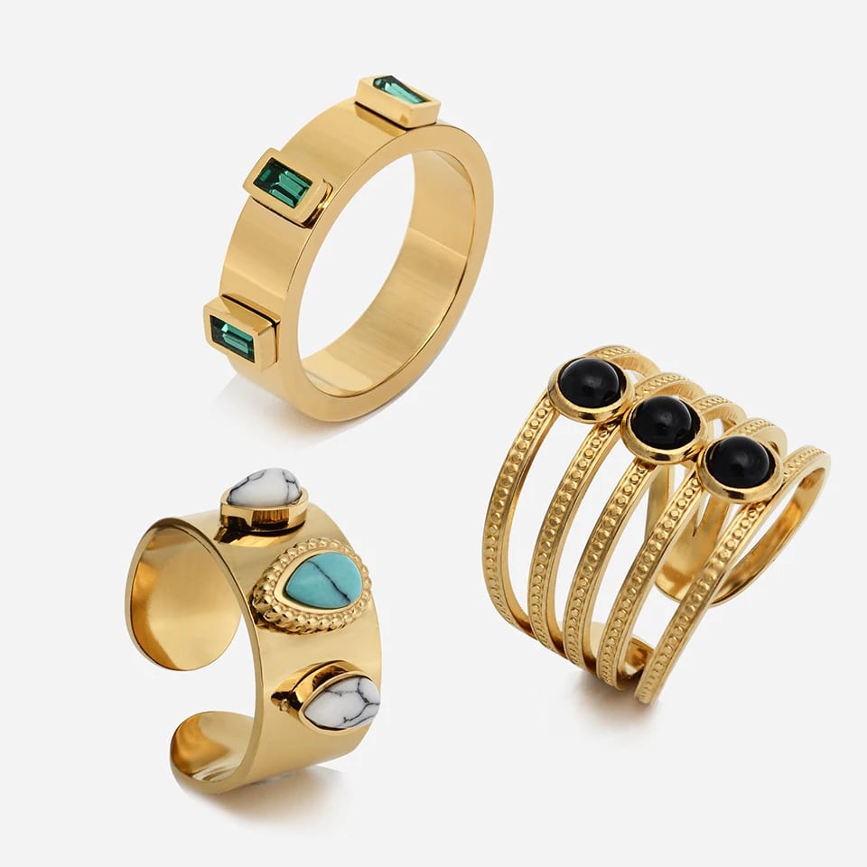 Wholesale Fashion Stainless Steel Waterproof Jewelry 18k Gold Plated Crystal Gemstone Multilayer Open Rings For Women Ring