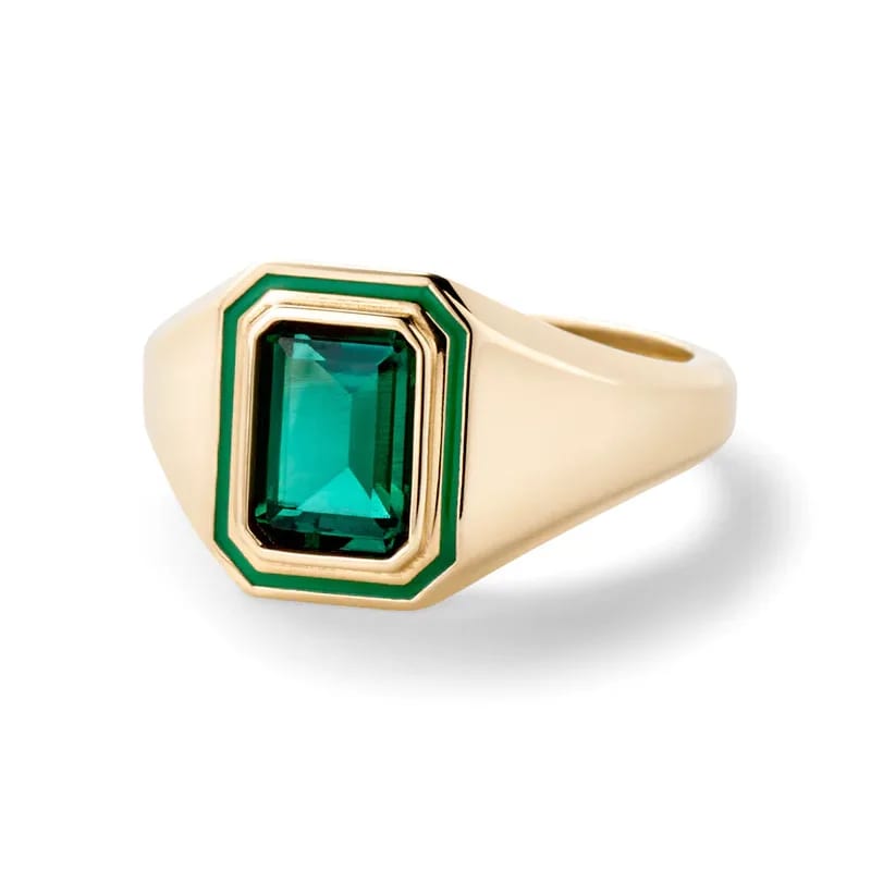 High Quality 14k 18k Gold Plated Enamel Rectangle Bezel Cubic Zirconia Signet Ring Ring