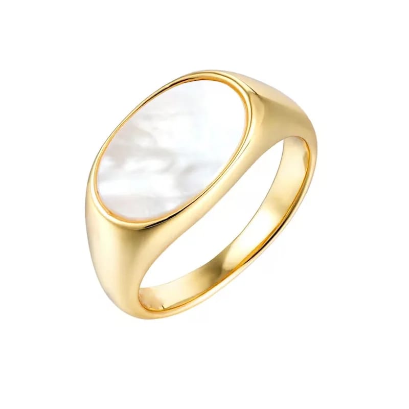 Fashion Wholesale Natural Shell Ring 18k Gold Plated 925 Sterling Silver Mother Of Pearl Ellipse Signet Ring For Women Ring
