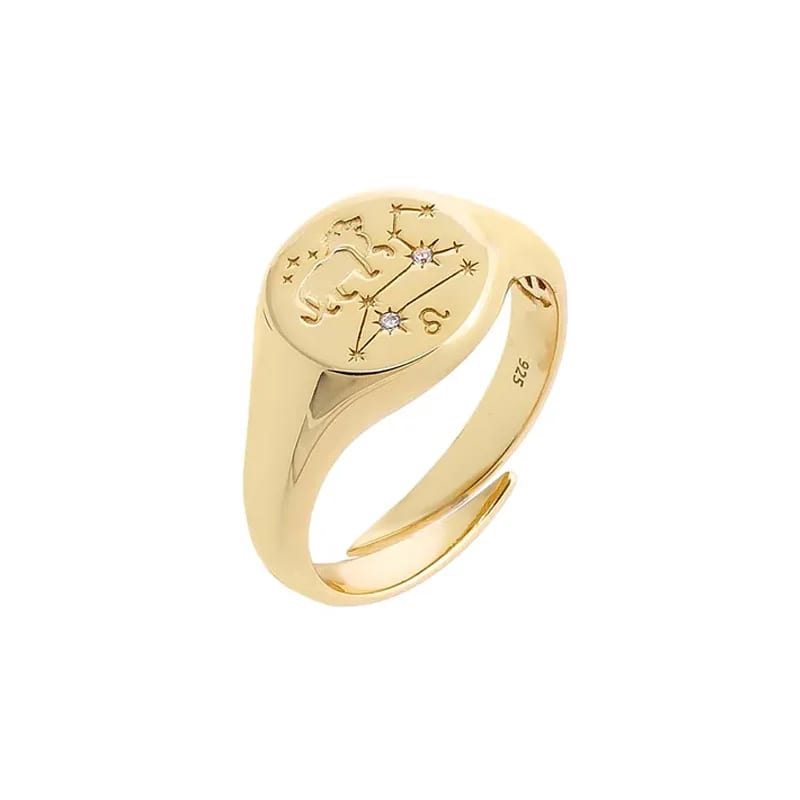 Trendy Horoscope Jewelry Engraved 18k Gold Plated 925 Sterling Silver Zodiac Sign Signet Ring Ring