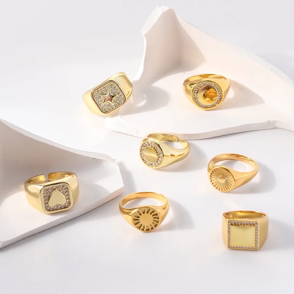Custom Engraved Jewelry Fashion 18k Gold Plated Cubic Zircon Oval Square Signet Rings For Women Ring