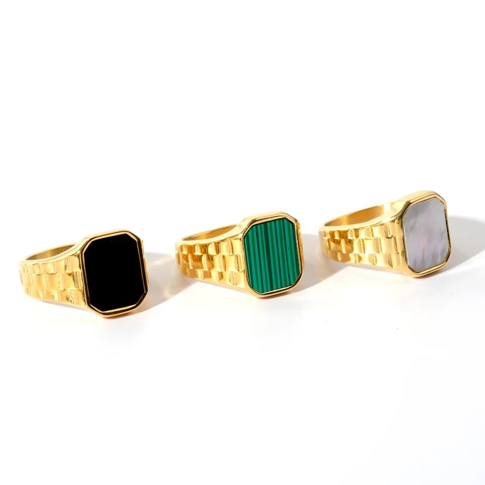 Stainless Steel 18k Gold Plated Mother Of Pearl Shell Green Malachite Black Enamel Watch Strap Square Chunky Signet Rings Ring