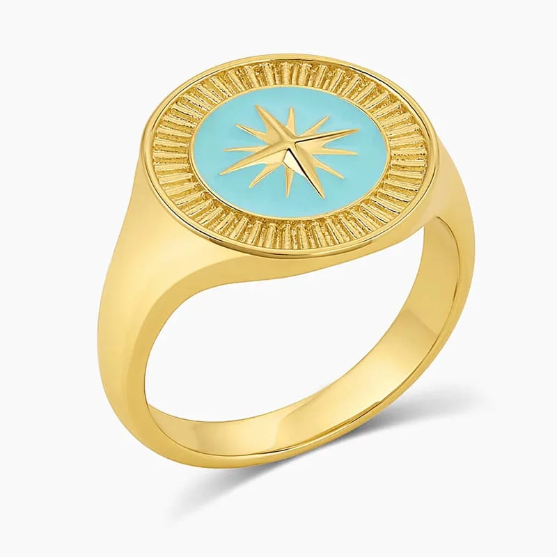 Fashion Simple Classic Round 18k Gold Plated Custom Statement Compass Signet Ring For Women Ring