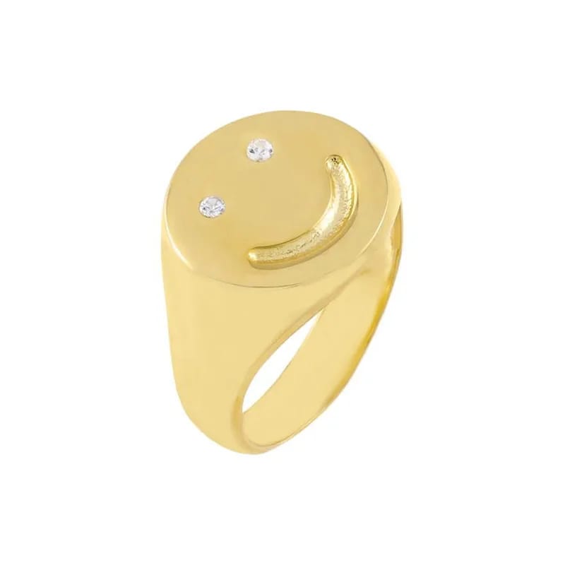 New Arrival 18k Gold Happy Face Ring Gold Plated Cz Smile Face Signet Ring Ring