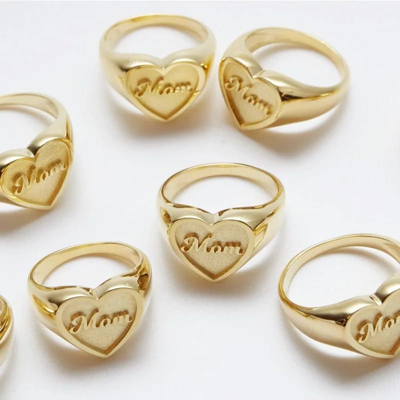 New Design 18k Gold Plated 925 Sterling Silver Heart Shape Mom Letter Signet Rings Ring