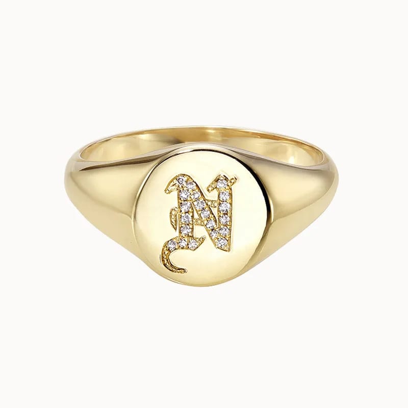 Custom Signet Ring Women 925 Sterling Silver Diamond Gothic Initial Letter A To Z Small Signet Ring Ring
