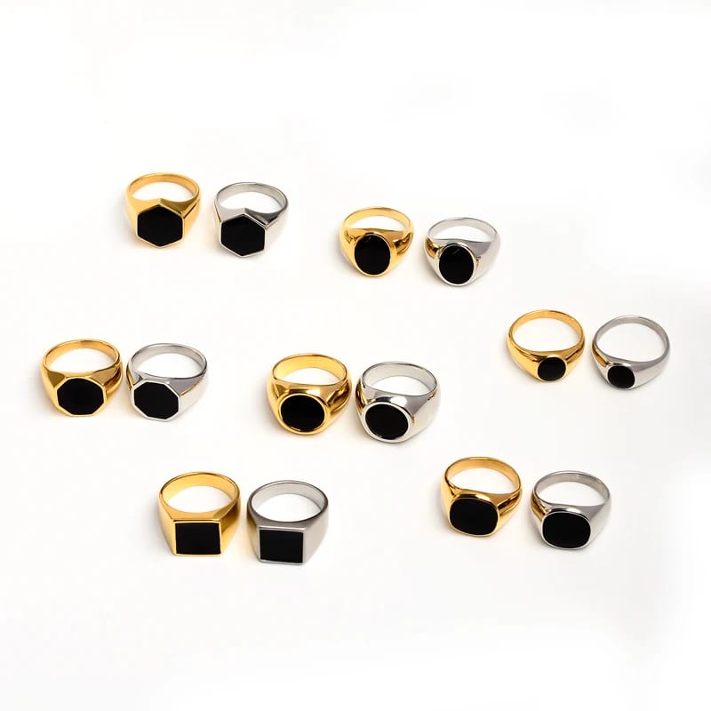 High Quality Wholesale Custom 18k Gold Plated Men Stainless Steel Black Enamel Ring Rectangle Round Oval Statement Signet Ring Ring