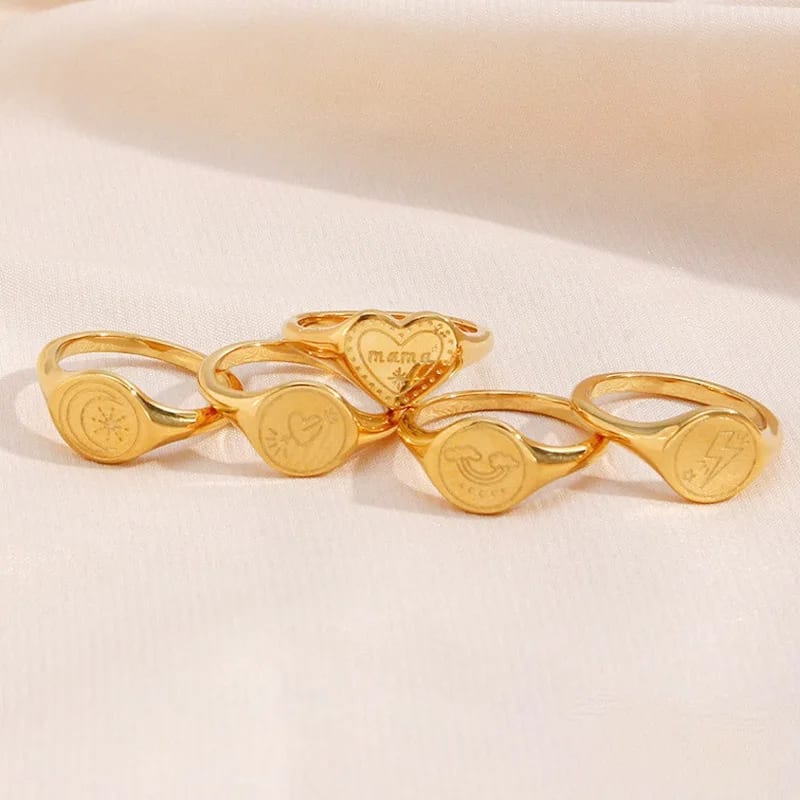 Wholesale Custom Personalized 18k Gold Signet Ring Engraved Stainless Steel Star Lightning Heart Mama Rainbow Signet Rings Ring