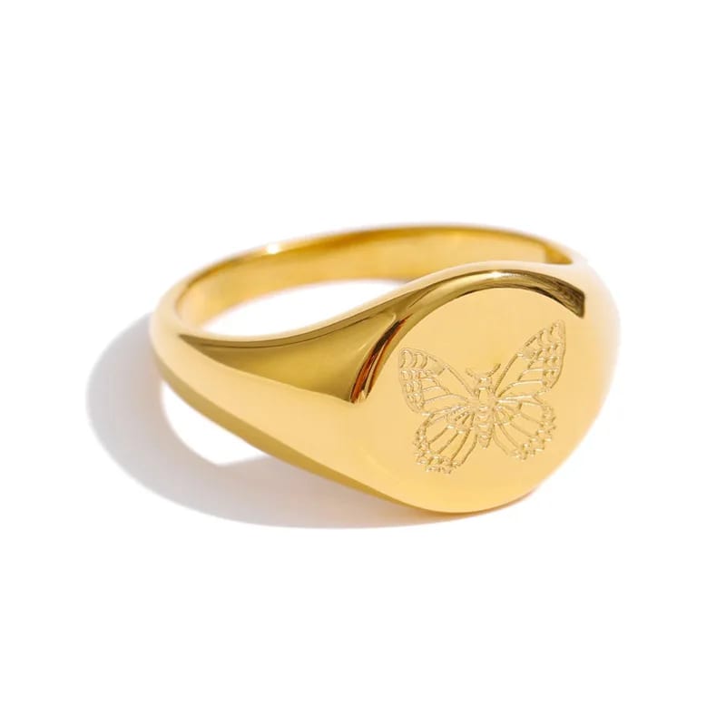 Personalized Customized Jewelry 18k Gold Plated Round Signet Ring Engraved Stainless Steel Butterfly Signet Ring Ring