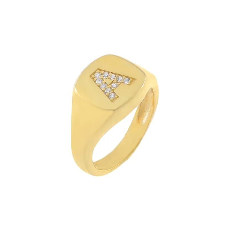 Personalized Brass 18k Gold Plated Jewelry Initial Letter Alphabet Pinky Zircon Signet Ring Ring