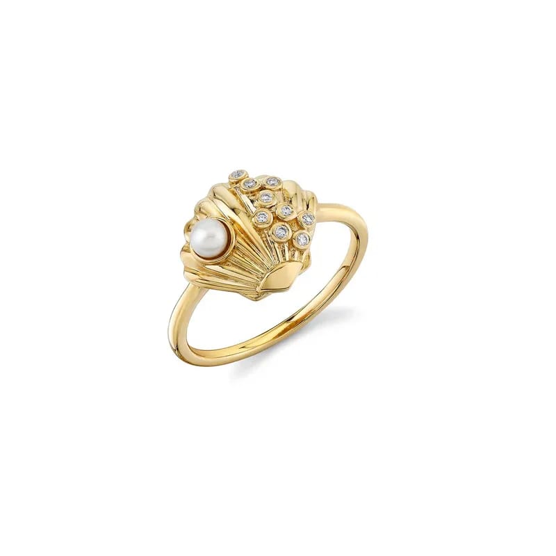 Fashion Jewelry 14k Gold Plated Pearl Diamond Clam Shell Ring For Women Ring