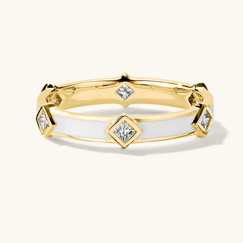 Fashion Dainty 18k Gold Stackable Rings Women 925 Sterling Silver Angled Diamond Station Black White Enamel Ring Ring
