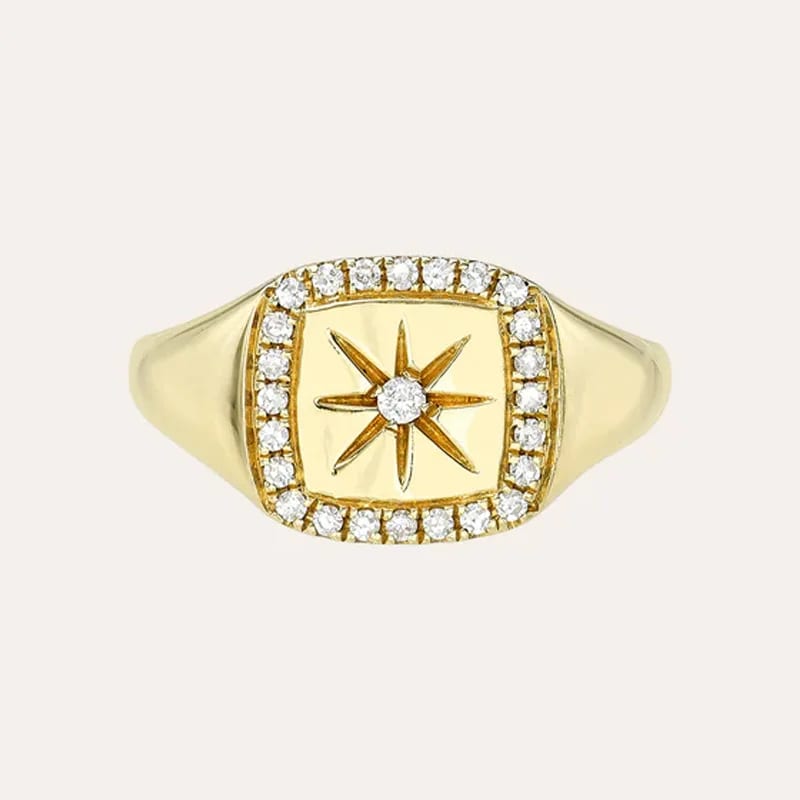 Wholesale Fashion Jewelry 18k Gold Plated Brass North Star Diamond Halo Starburst Signet Ring Ring