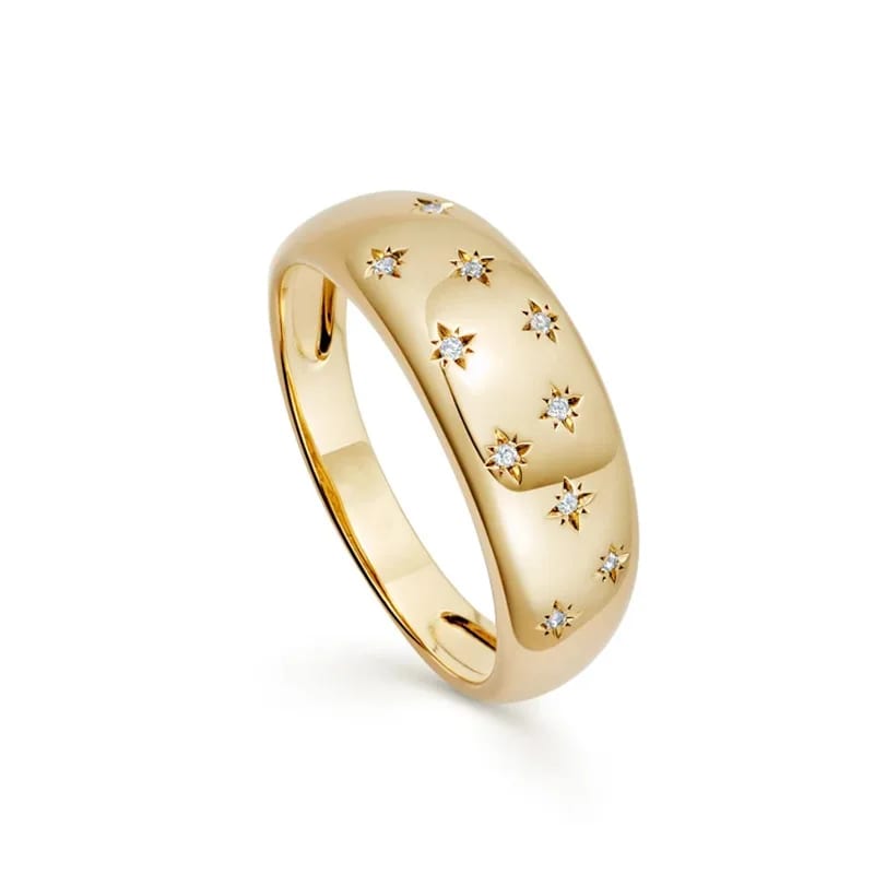 Fashion 925 Sterling Silver Jewelry 18k Gold Plated White Cz Celestial Tiny Star Wide Band Ring For Ladies Ring