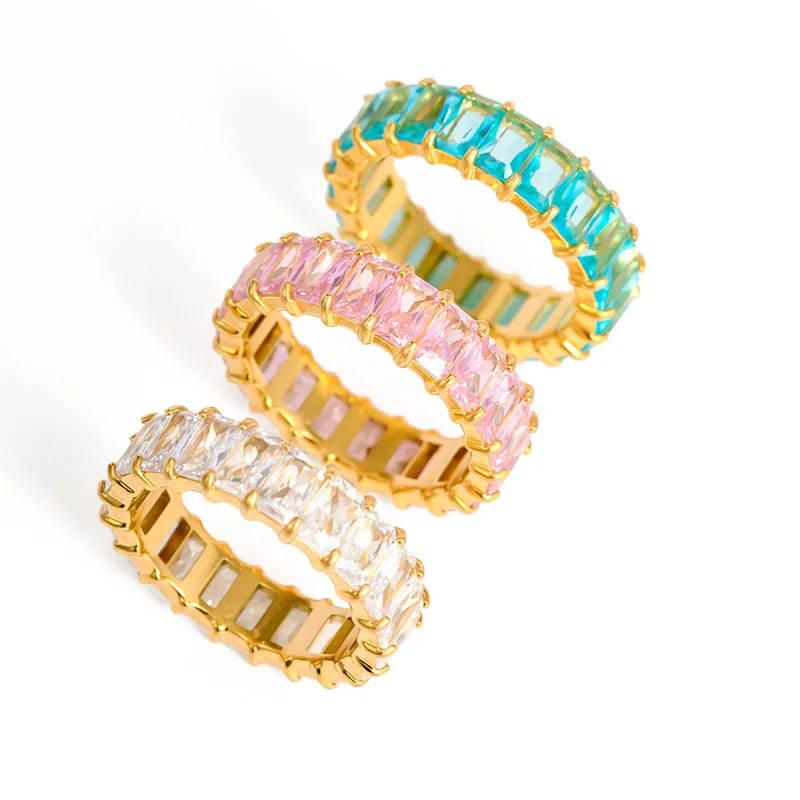 Fashion 18k Gold Plated Zircon Diamond Rings Stainless Steel Colorful Cubic Zirconia Tennis Ring Jewelry For Women Ring