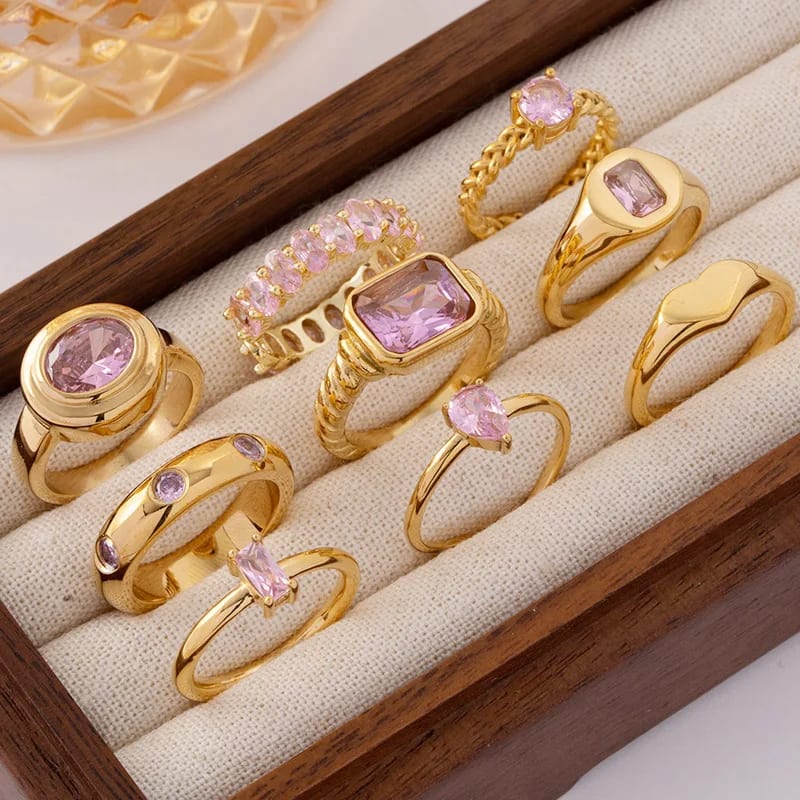 New Popular Multi Designs 18k Gold Plated Pink Cubic Zirconia Stainless Steel Finger Rings For Women And Girls Ring