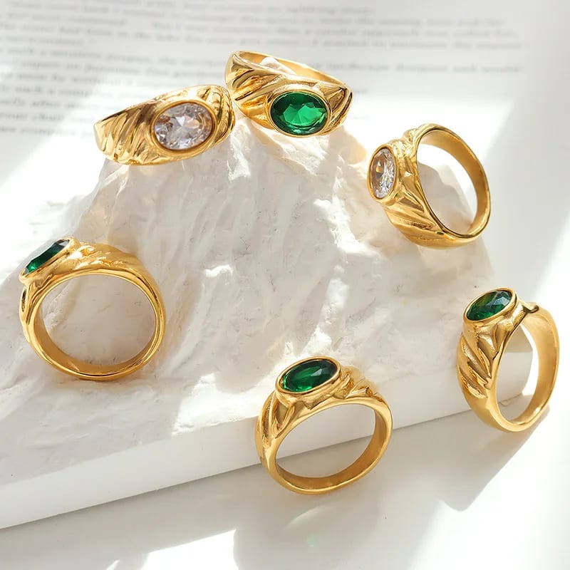 Waterproof Jewelry 18k Gold Plated Ring Jewelry Stainless Steel Chunky Clear Green Stone Ring Big Diamond Ring For Women Ring