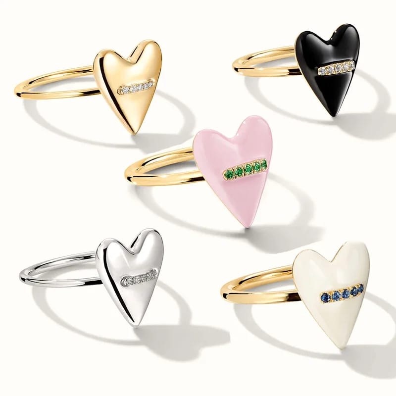 New Trendy 18k Gold Plated Pave Cubic Zirconia Heart Enamel Band Rings For Women Ring