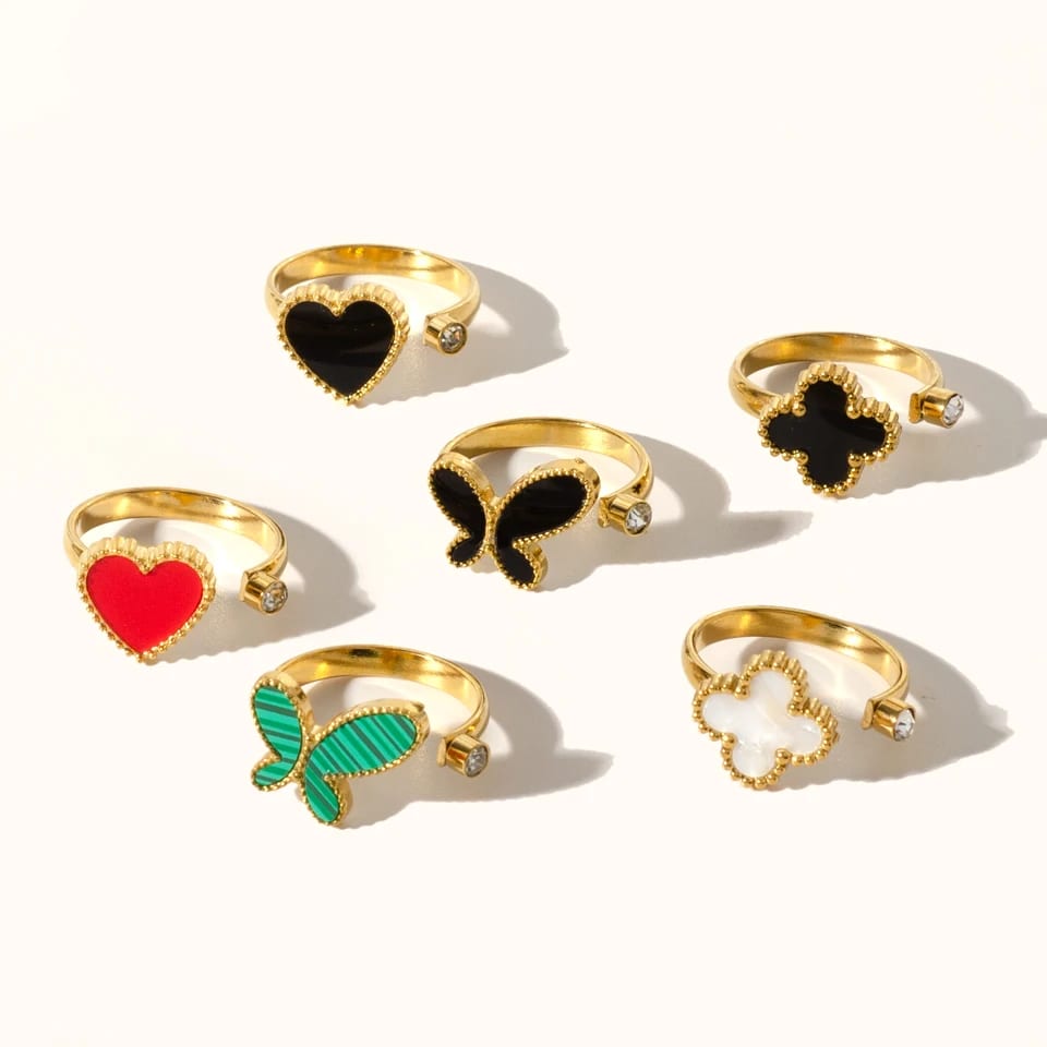 Fashionable New Heart Butterfly Opening Adjustable Ring Natural Gemstone Stainless Steel Rings Jewelry Ring