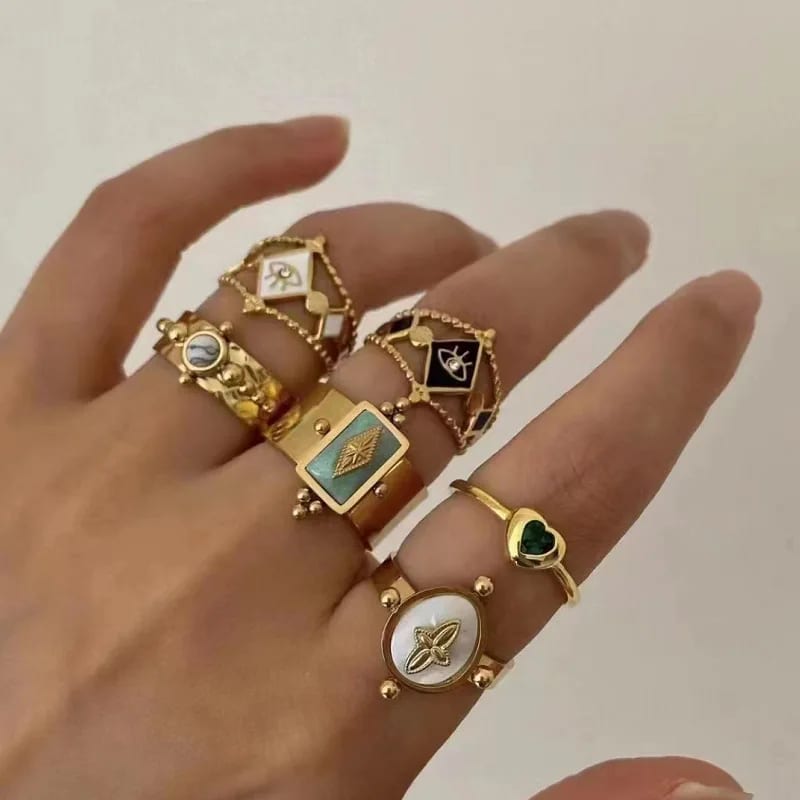 Vintage Versatile Natural Stone Enamel Stainless Steel Opening Adjustable Ring Ring