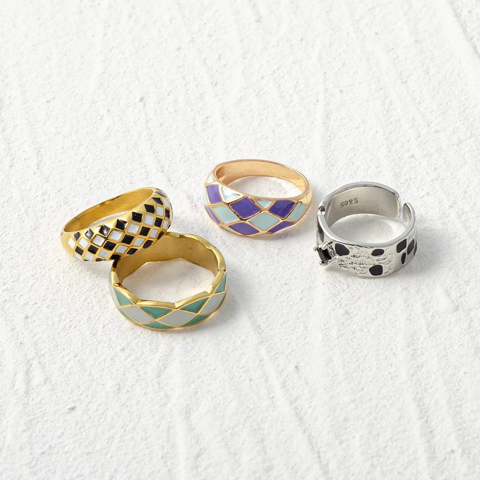 Fashion Trend Checkerboard Enamel Ring Stainless Steel Gold Plated Women’s Ring Ring