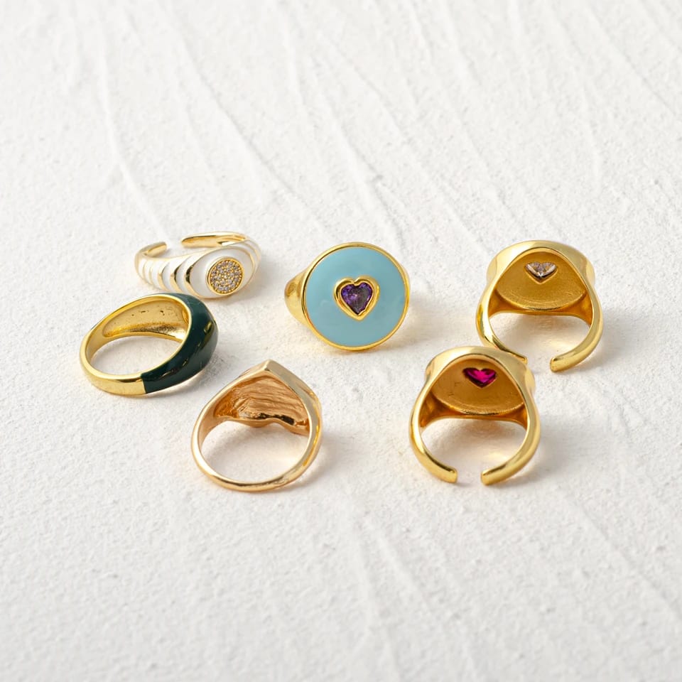 Fashion Retro Colorful Enamel Ring Gold Plated Heart Shaped Zircon Women’s Ring Ring