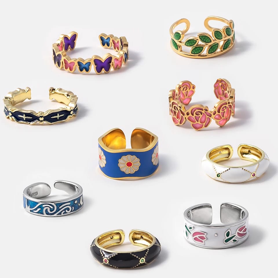 Exquisite Elegant Flower Enamel Ring Gold Plated Women’s Open Ring Ring