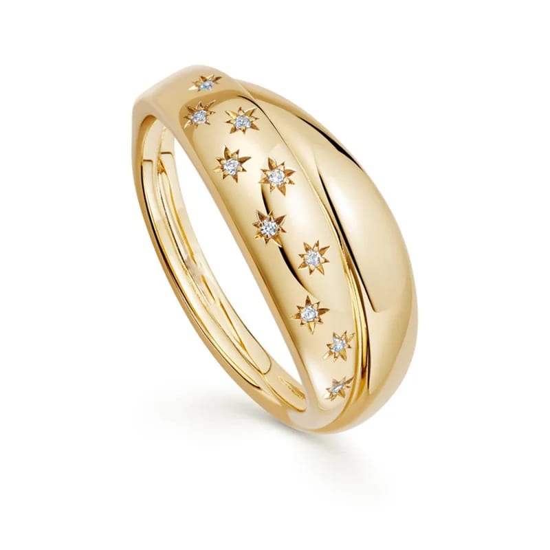 925 Sterling Silver Jewelry 18k Gold Plated Cubic Zircon Celestial Half Star Double Ring Ring