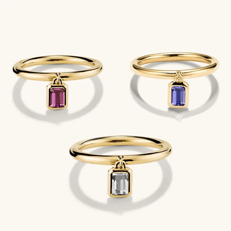 Fashion Jewelry New Design 18k Gold Minimalist Baguette Cz Dangle Charm Stacker Ring Ring