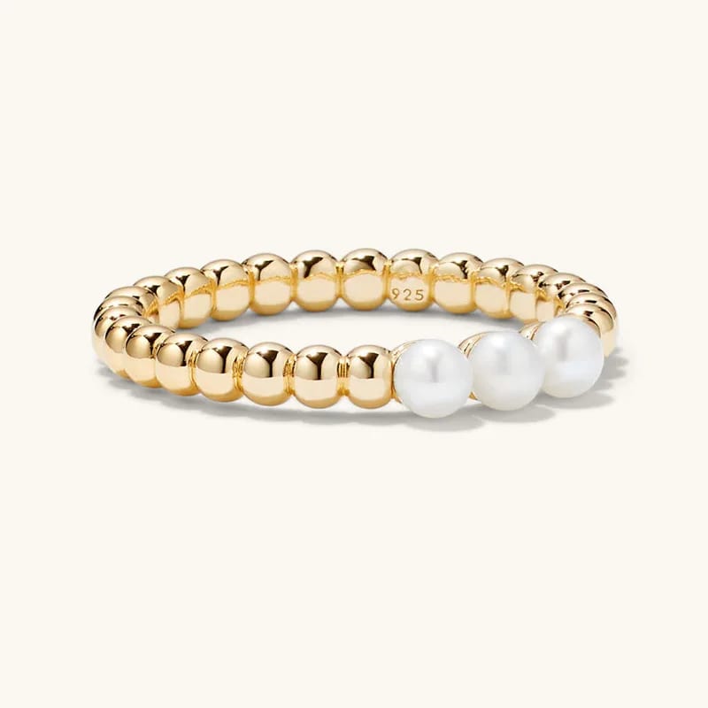 New Arrival 925 Sterling Silver 18k Gold Plated Freshwater Pearl Trio Beaded Stacker Ring Ring