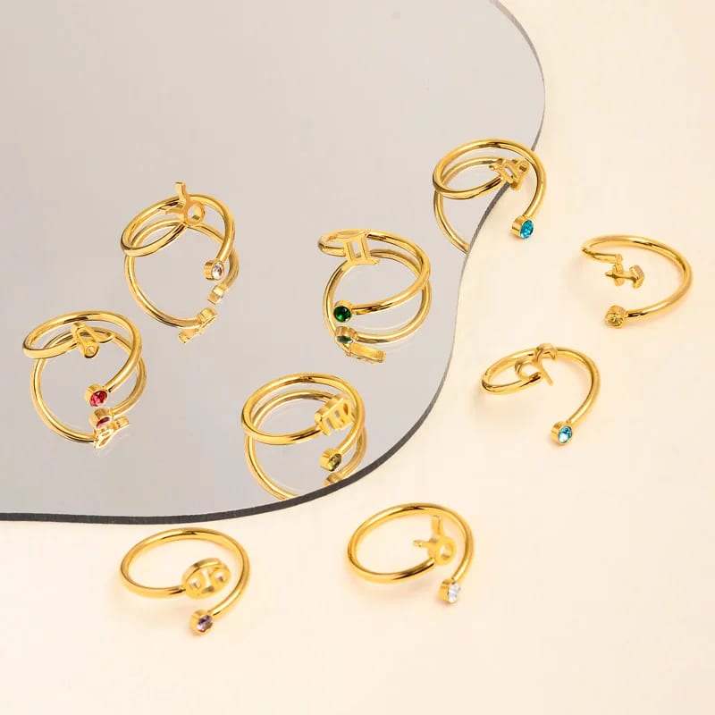 New Styles Stainless Steel 18k Gold Plated Zircon Birthstone Open Adjustable Zodiac Sign Ring For Women Gift Ring