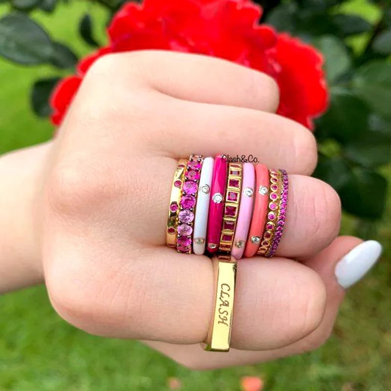 New Trendy Pastel Rainbow Stack Band 3 Diamond 925 Silver Enamel Women Rings Ring
