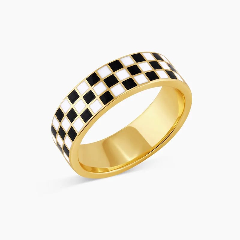 New Fashion Black And White Enamel Checkerboard Ring 18k Gold Plated Stainless Steel Enamel Rings Jewelry Ring