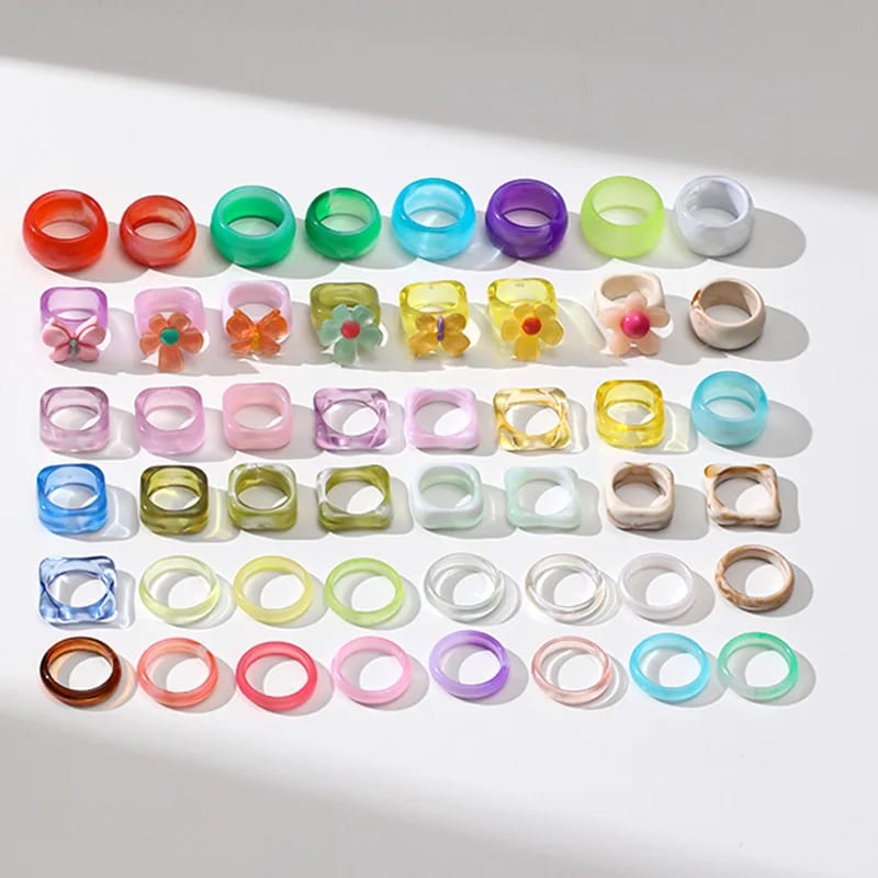 Retro Cold Wind Style Resin Ring,Pink,Lake Blue,Transparent,Amber,Beige Resin Ring Sets Ring