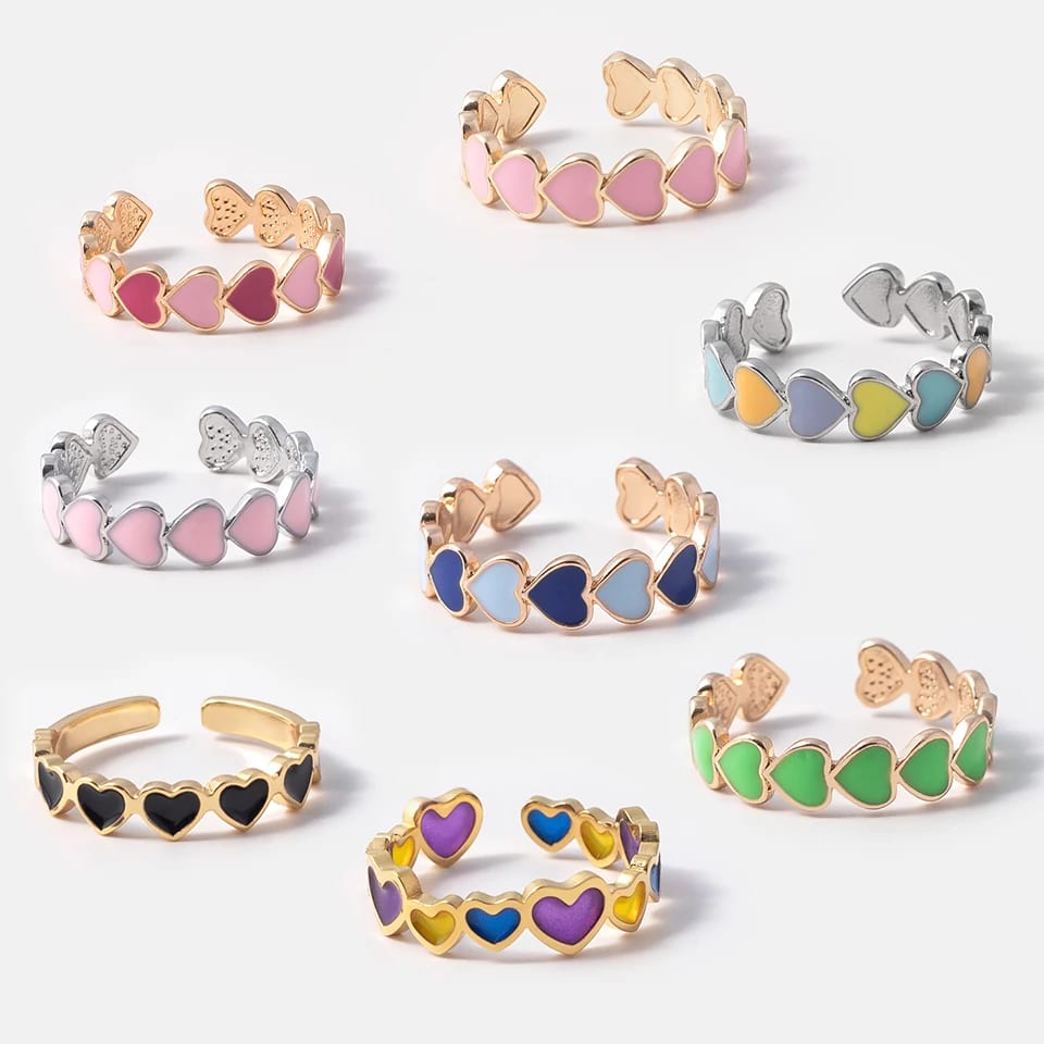 Fashion Brass Different Colors Enamel Adjustable Heart Shape Cute Ring For Women Ring