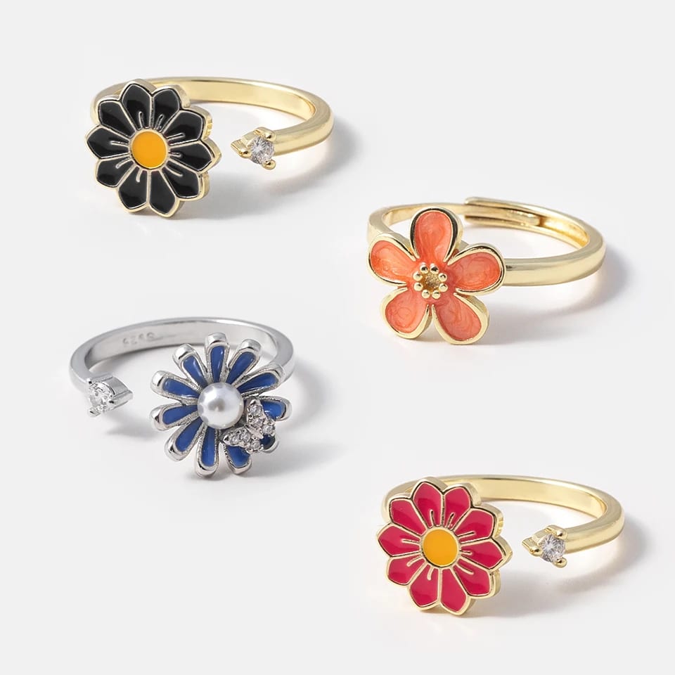 Wholesale Brass Gold Plated Silver Rotatable Anxiety Flower Adjustable Enamel Ring For Women Ring