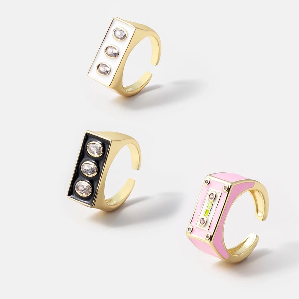 Custom Women’s Zircon Brass Gold Plated Enamel Adjustable Open Rings Ring