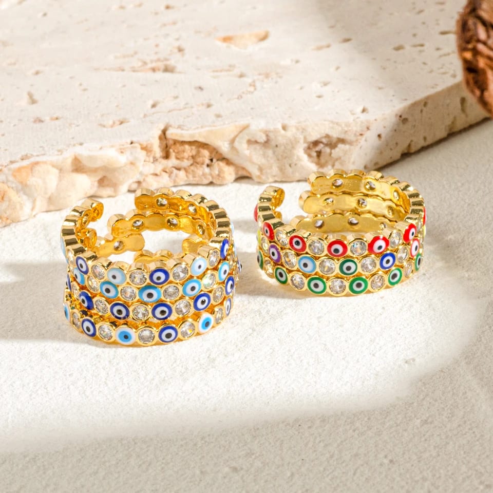 Colorful Evil Eyes Adjustable Open Zircon Women’s Ring Brass Gold Plated Ring Ring