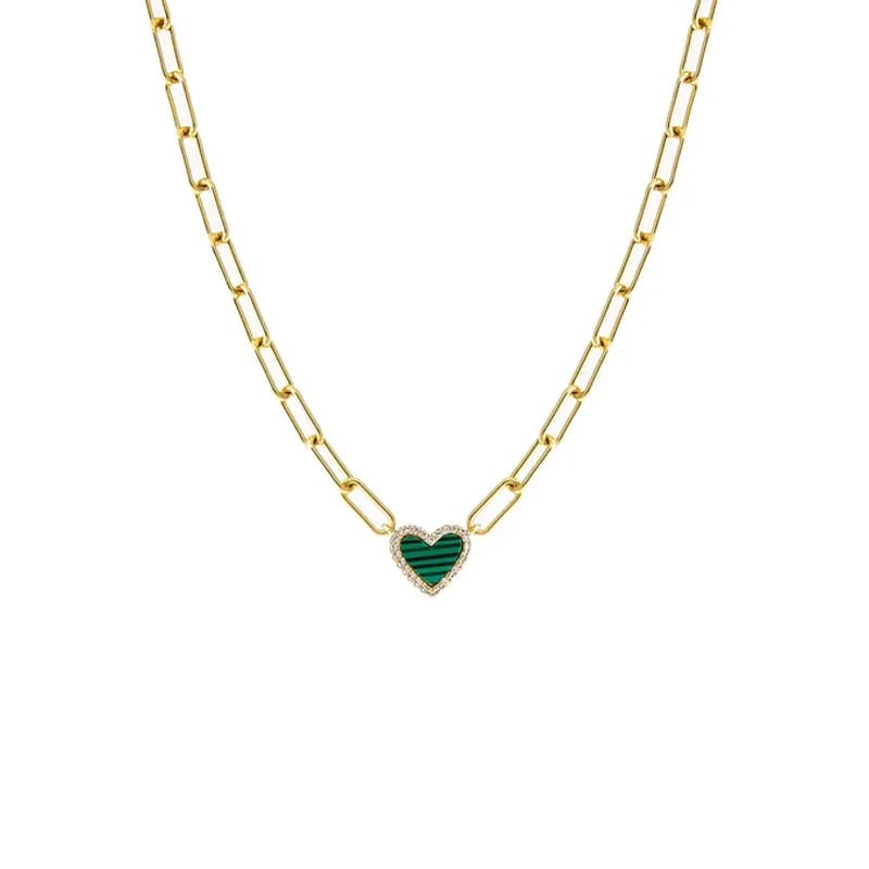 Fine Jewelry Women Trendy 925 Sterling Silver 18k Gold Plated Pave Colored Stone Malachite Heart Paperclip Necklace Pendant Necklaces