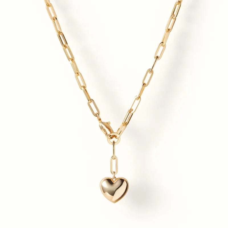 Fashionable 14k Gold Plated Papperclip Link Chain Delicate Jewelry Puffy Heart Drop Pendant Necklace Women Pendant Necklaces