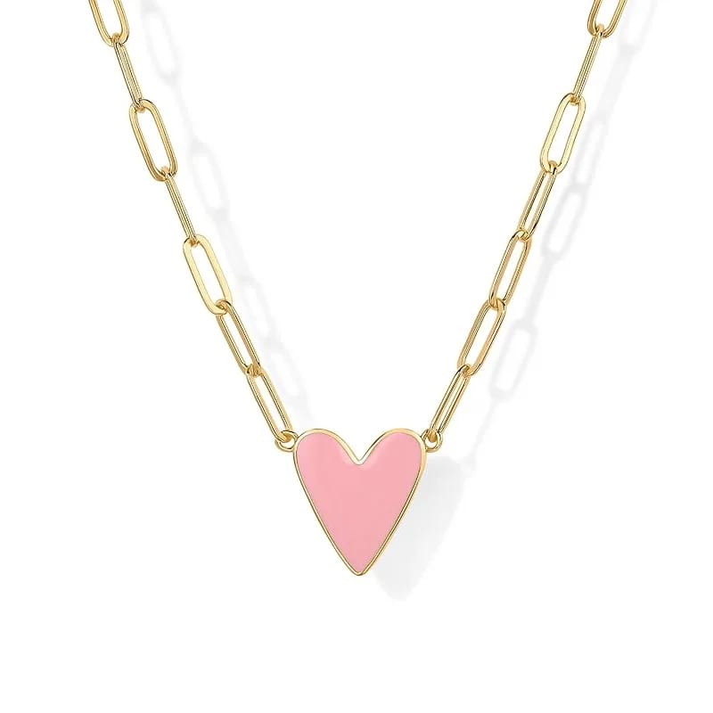 New Trendy 18k Gold Plated Blue Pink Purple White Enamel Heart Pendant Necklace For Women Love Paperclip Chain Necklaces Pendant Necklaces